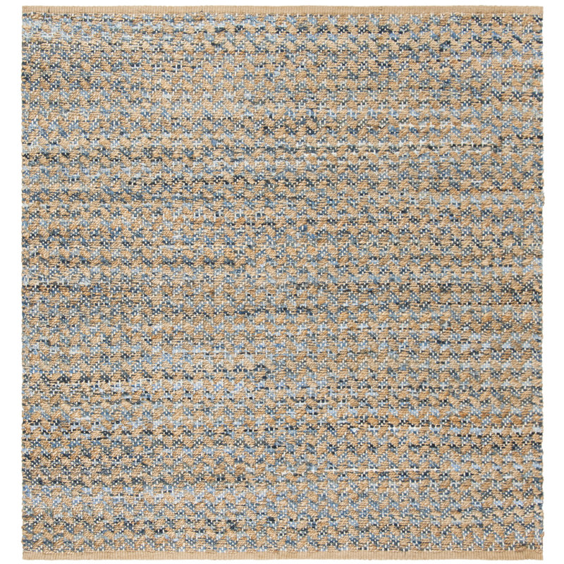 Tapis bleu / naturel en jute / chindi / coton tissé à la main Reinheim, Carré 6 pi