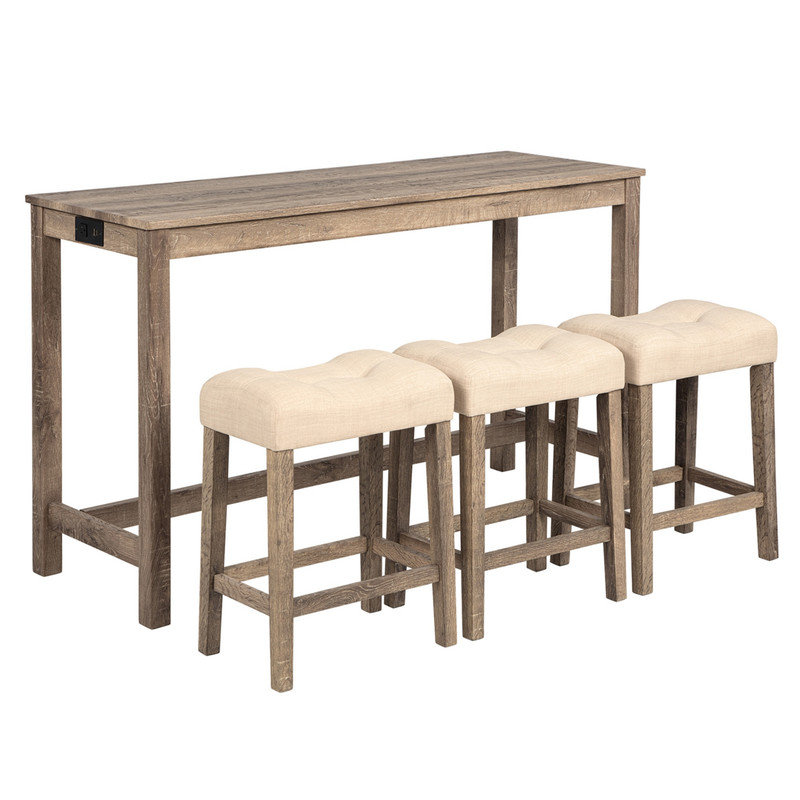 4 Piece Bar Table Set with Power Outlet,Bar Table Set with Chairs,Sofa Bar Table with Stools,Behind Couch Table with 3 Padded Stools,for Living Room,Dining room