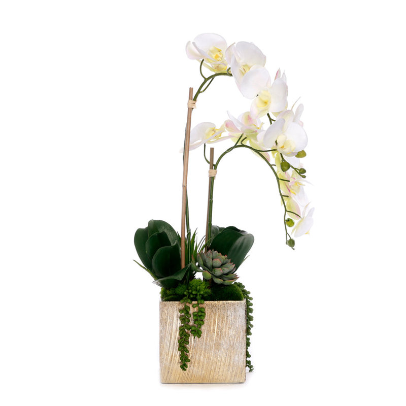 Real Touch Orchid Flower Arrangement in Cube Nickel Pot