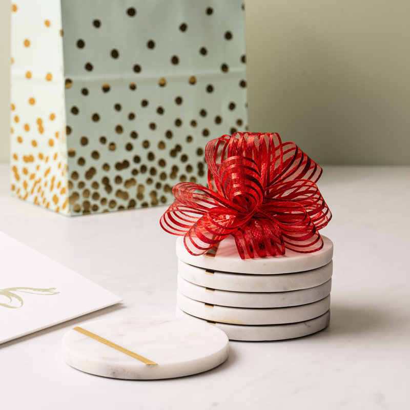 Ensemble de 6 sous-verres en marbre - Décoration moderne de luxe pour table basse - Marbre blanc avec incrustation de laiton doré - Sous-verres en pierre naturelle semi-absorbante