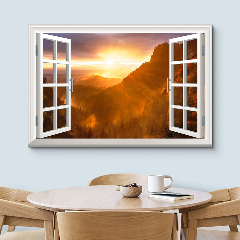 "Fenêtre vue du coucher de soleil sur la vallée brumeuse", H 32 po x l 48 po