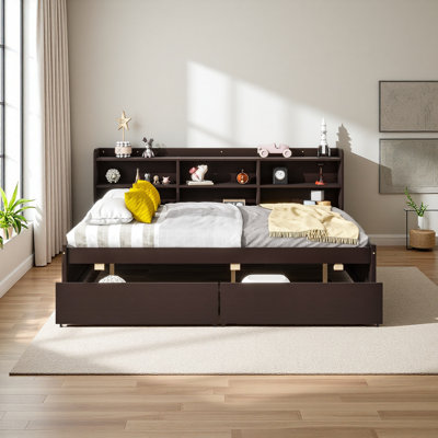 Bed With Side Bookcase, Drawers