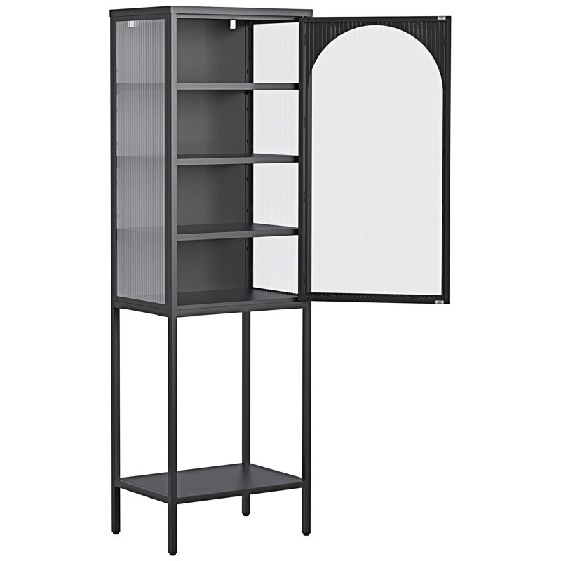 Black Metal and Glass 5-Tier Adjustable Bookshelf Cabinet