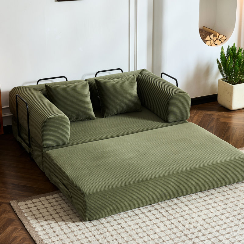 Canapé-lit 59 po convertible vert avec coussin cylindrique, matelas pliable en velours côtelé et cadre de forme fixe pour le salon et la chambre à coucher
