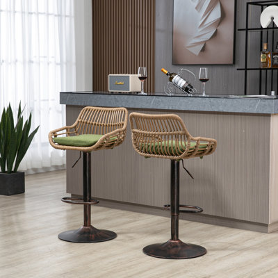 Tabourets de bar réglables de 2, pivotant avec repose-pieds pour la cuisine et la salle à manger, base en métal, coussin de siège rembourré en lin, 2 pièces