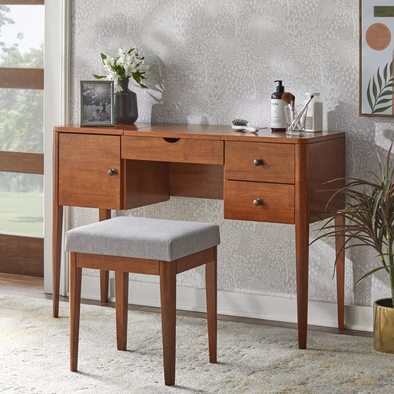 Ensemble de coiffeuse avec tabouret et miroir, Chêne