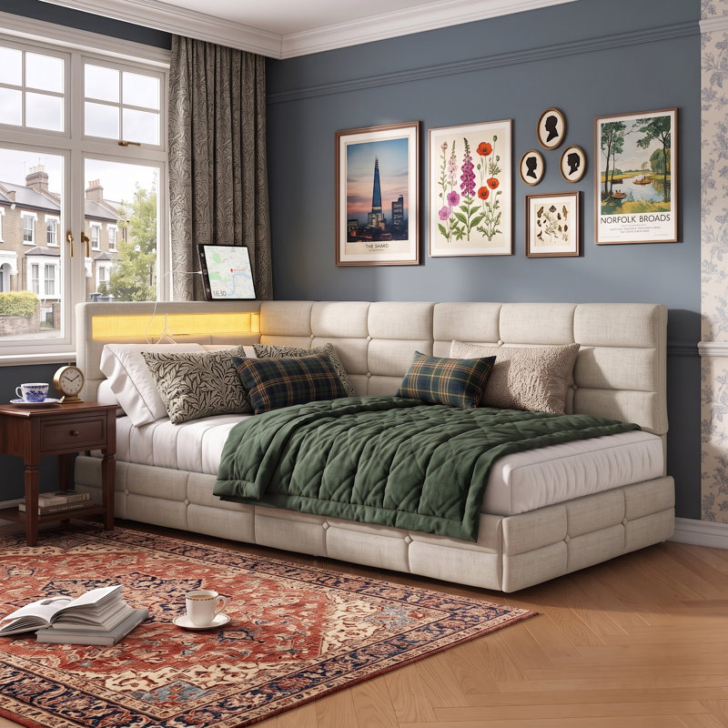 Upholstered Daybed with Drawer Storage, European Single (90 x 200 cm), Beige