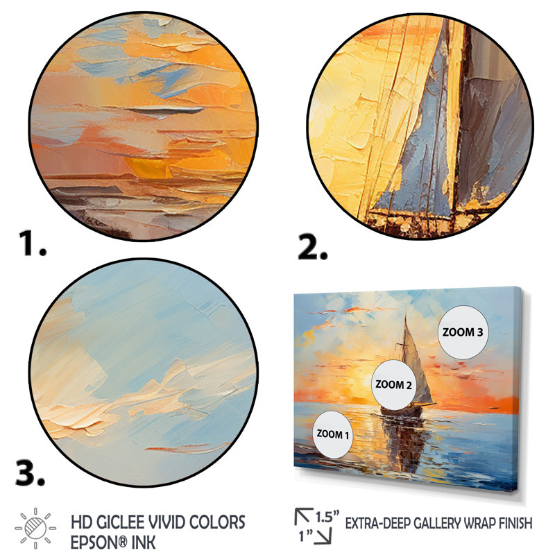 Coucher de soleil orange sur un bateau I - bateau à voile, art mural, Cadre de coin argenté fermé