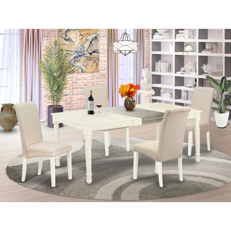 5 Piece Kitchen Table Set for 4 Includes a Rectangle Kitchen Table with Butterfly Leaf and 4 Cream Linen Fabric Parson Dining Chairs, Linen White