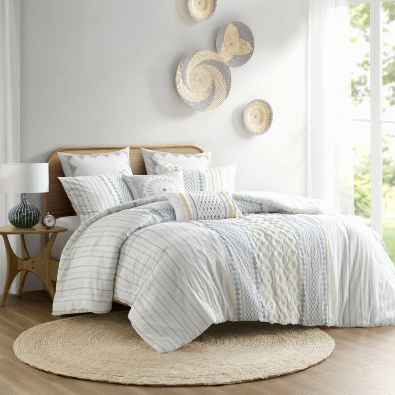 Ensemble d'édredon en coton avec chenille blanc / bleu marine / très grand californien