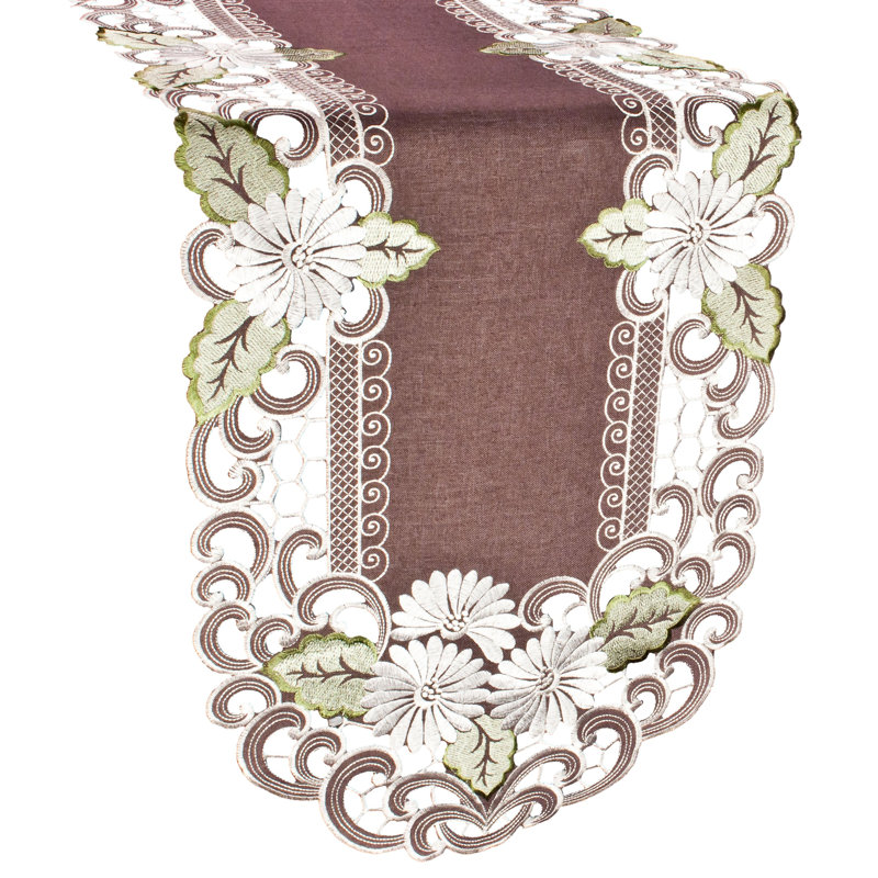Reanna White Daisy Green Leaves Table Runner, 67" x 15"