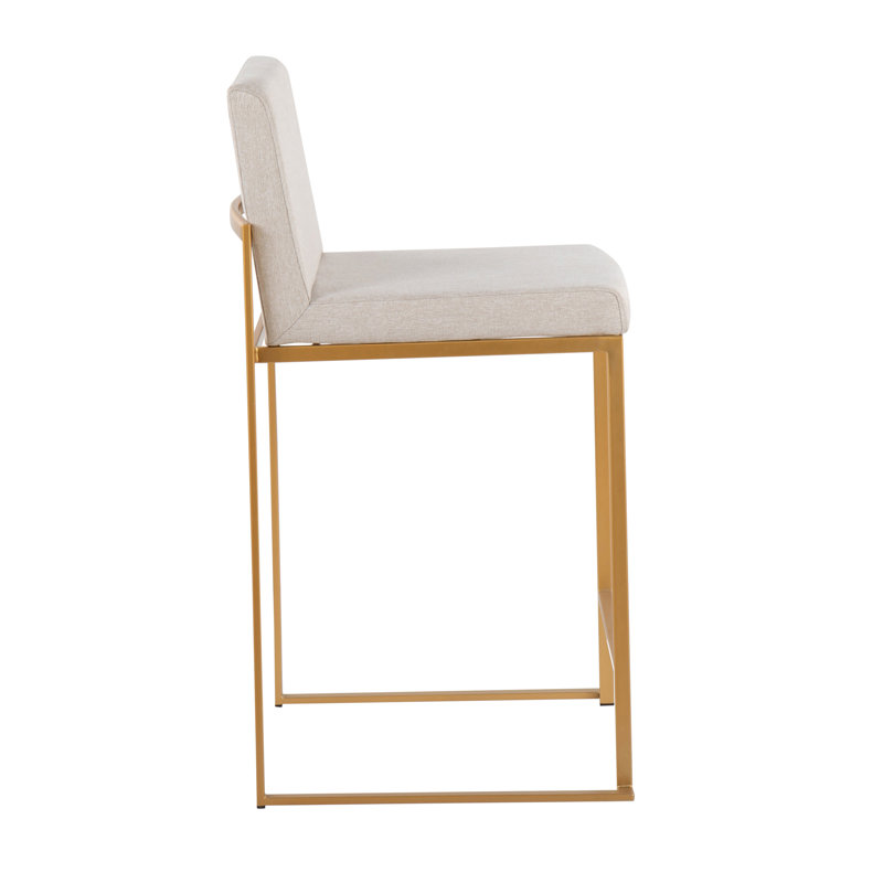 Tabouret de comptoir de 26 po à dossier haut contemporain en acier doré et tissu beige - ensemble de 3, Doré, Beige