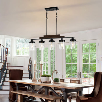 5 - Light Glass Shade Wood Accents Kitchen Island Chandelier Over Table