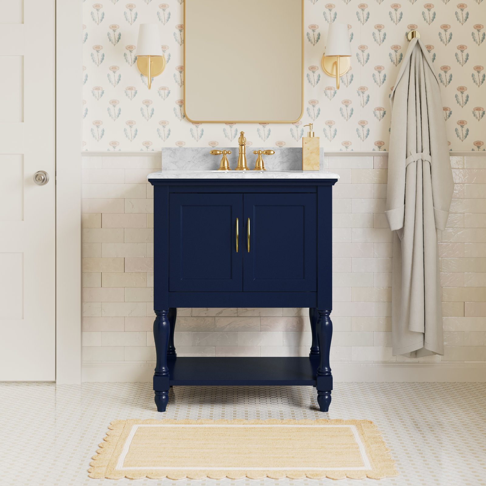 Hampton 30'' Single Bathroom Vanity, Carrara Marble, Royal Blue