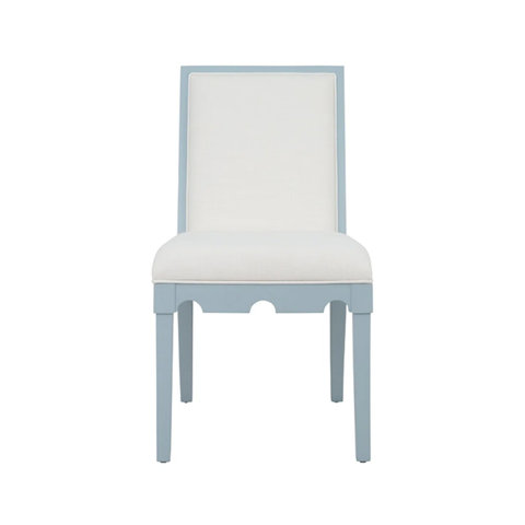 Light blue dining chair with a white upholstered back and seat and a scalloped apron.