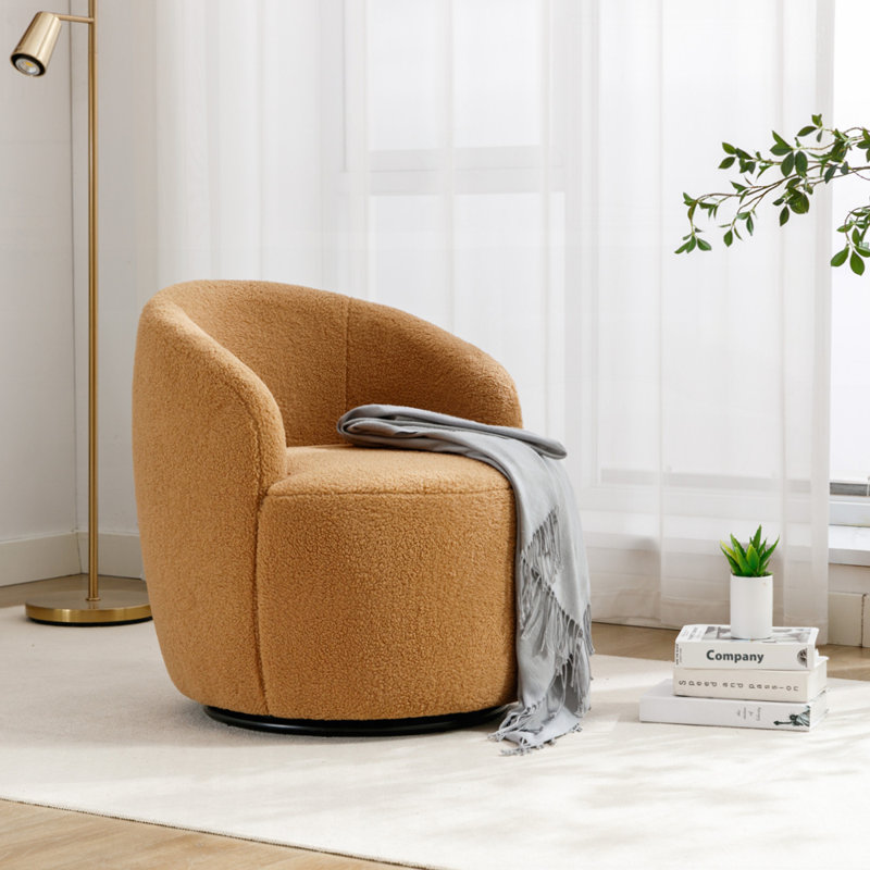 Swivel Accent Armchair Barrel Chair With Powder Coating Metal Ring, Khaki Teddy