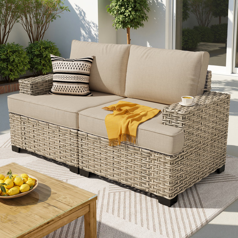 Carolle Modern Outdoor Pe Wicker Sofa With Cushions, Wide Armrests, Weather-Resistant Patio Seating, Beige