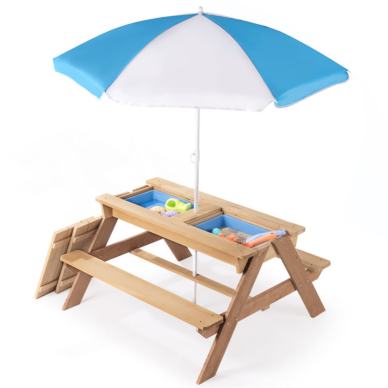 Table de pique-nique en bois pour enfants 3 en 1 avec parasol, sable convertible et wate, certification gris Astm et Cpsia