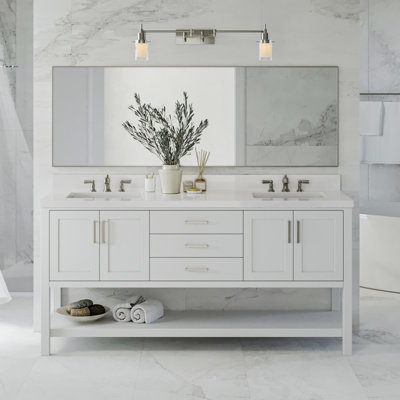 Magnolia 73" Double Bathroom Vanity in White, with 1.5 Pure White Quartz Top, Rectangle Sink
