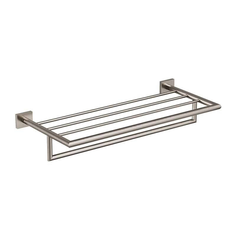 Crater Wall-Mounted Towel Shelf With Bar - Brushed Nickel, Premium Brass Construction, Installation Hardware Included