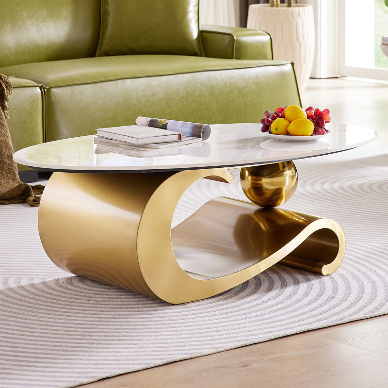 49.2" Modern Oval Faux Marble Coffee Table with Sturdy Gold Metal Base, Luxury Living Room Furniture for Home Decor, Scratch-Resistant & Easy Assembly