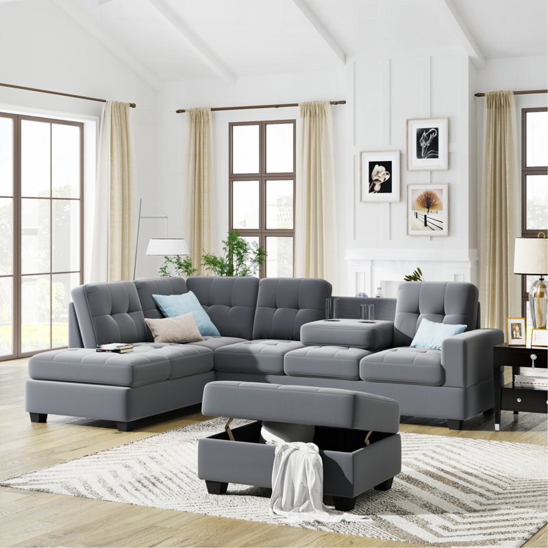 Sectional Sofa With Reversible Chaise Lounge, Gray Velvet