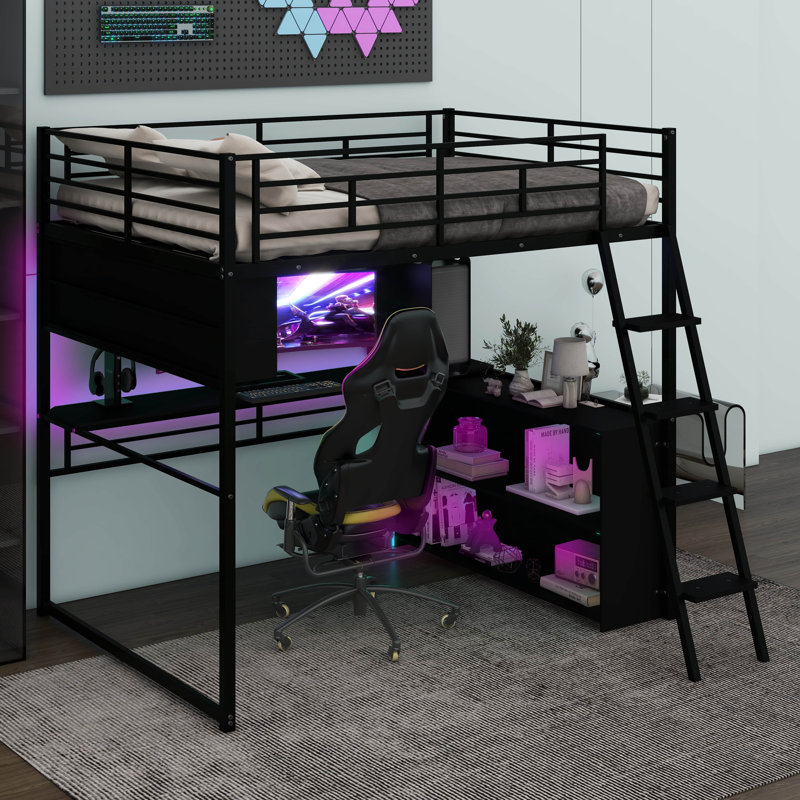 Aryela Metal Loft Bed With LED, Desk