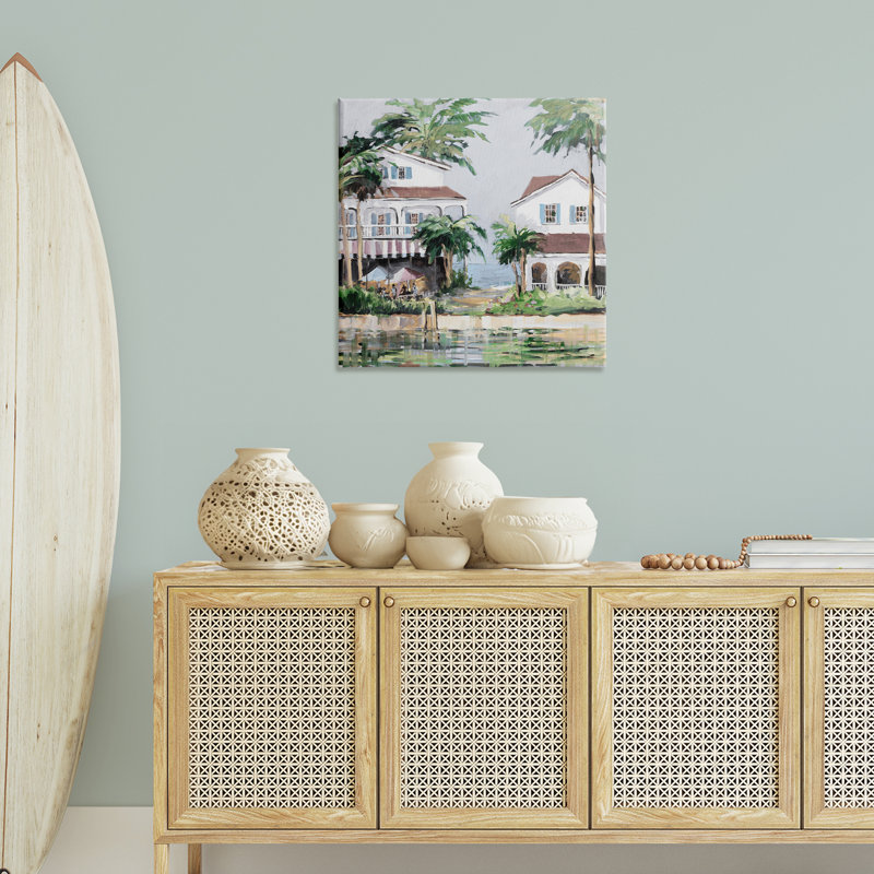 Art mural sur toile, "Coastal bay chalets" par Jane Slivka, H 30 po x l 30 po