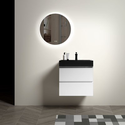 Meuble-lavabo 24 po, blanc / noir, design de pointe, options de rangement généreuses, travail silencieux, meuble-lavabo mural moderne - beauté blanche et noire, rangement élargi, fonction, attrayant biseauté