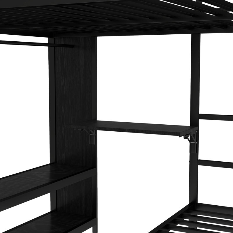 Grand lit superposé simple avec lit gigogne, bureau pliable, garde-robe encastrée, stable, conception à réduction de bruit et lit noir en métal rouillé, lit simple, placard, revêtement pour une utilisation à long terme
