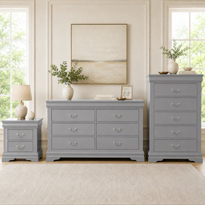 Ensemble de rangement de chambre à coucher 3 pièces 3 pièces, comprenant une commode à 6 tiroirs, une commode à 5 tiroirs et une table de chevet à 2 tiroirs, structure en bois massif, 4 options de couleurs - noir / blanc / gris / cerise foncé