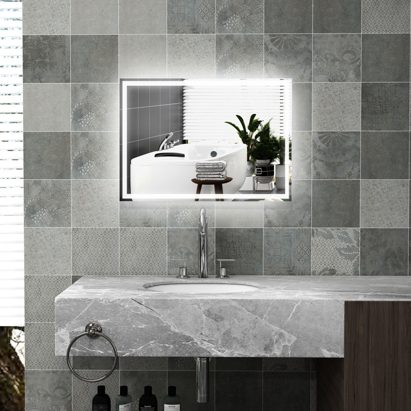 Miroir de salle de bain avec DEL à intensité variable - 3 options de couleur et fonction de mémoire, commande tactile, luminosité réglable, verre trempé, fixation murale, étanche IP44, 31,5 po x 23,5 po x 1,5 po,