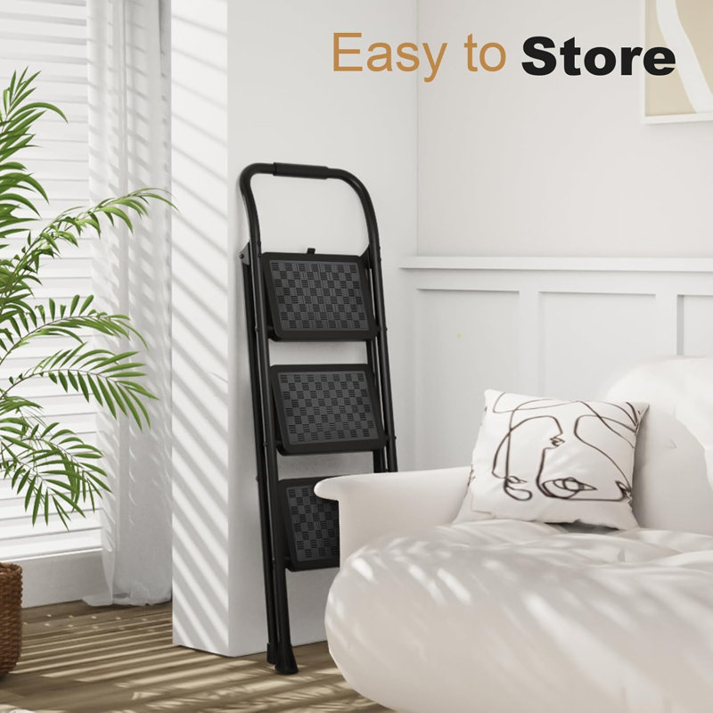 3 Step Ladder, 3 Step Stool For Adults, 3 Step Ladder Folding Step Stool With Cushioned Handle Step Ladder With Wide Anti-Slip Pedal Ergonomic Design,Black
