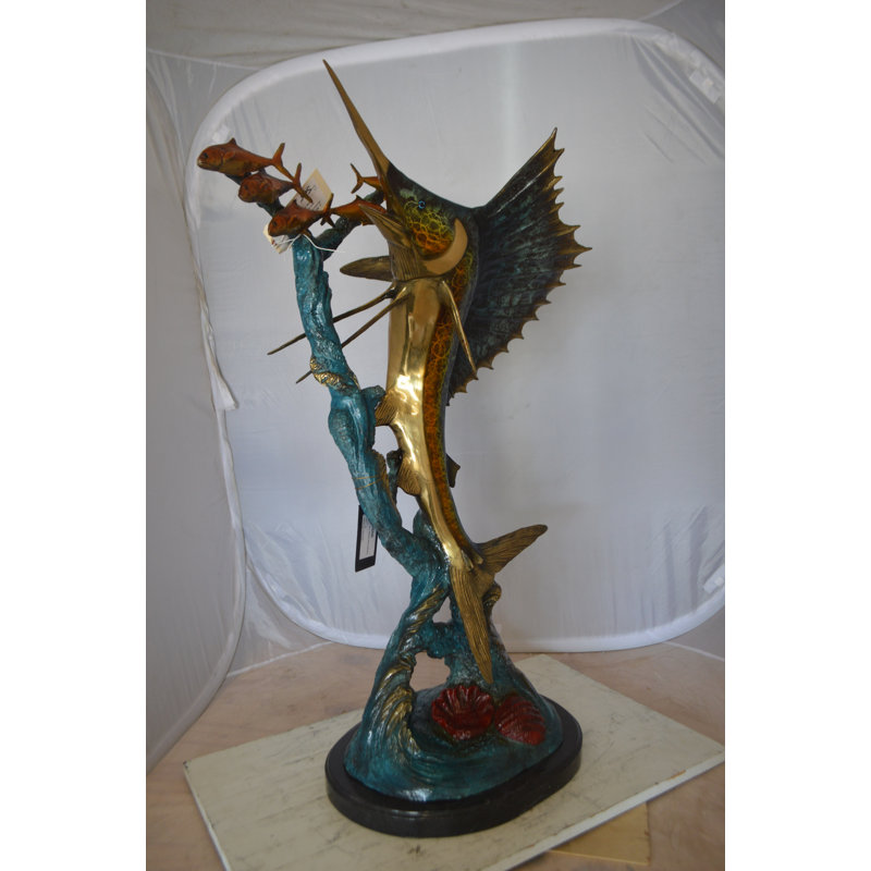 Bobb Sailfish-large jumping, with small fish Bronze Statue