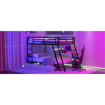 Lit superposé double en métal avec bureau intégré et 2 tiroirs rétro - chambre noire et mobilier serein