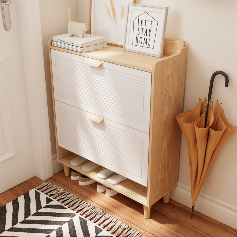 31.5 Inch Nordic Style Shoe Storage Cabinet With 2 Flip Drawers, Freestanding Organizer With Solid Wood Legs For Entryway, Narrow Shoe Rack Cabinet (White And Solid Wood Color Matched)