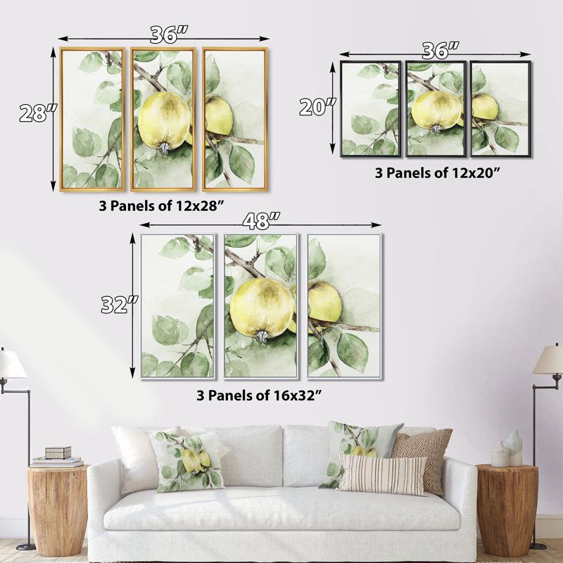 Vintage Green Appels - 3 pièces, reproduction encadrée sur toile, H 28 po x l 36 po x P 1 po, Cadre blanc