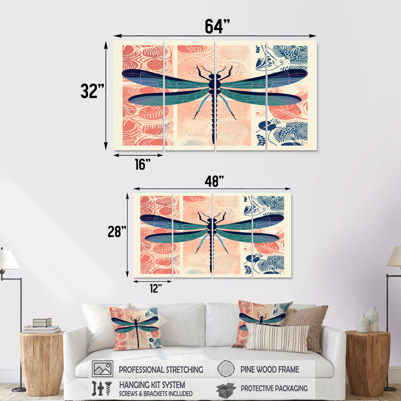 Elva - art mural libellule 4 pièces, H 28 po x l 48 po