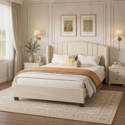 Lit plateforme tapissier avec tête de lit à oreilles, gigogne simple et deux tiroirs, aucun sommier nécessaire, tissu en lin
