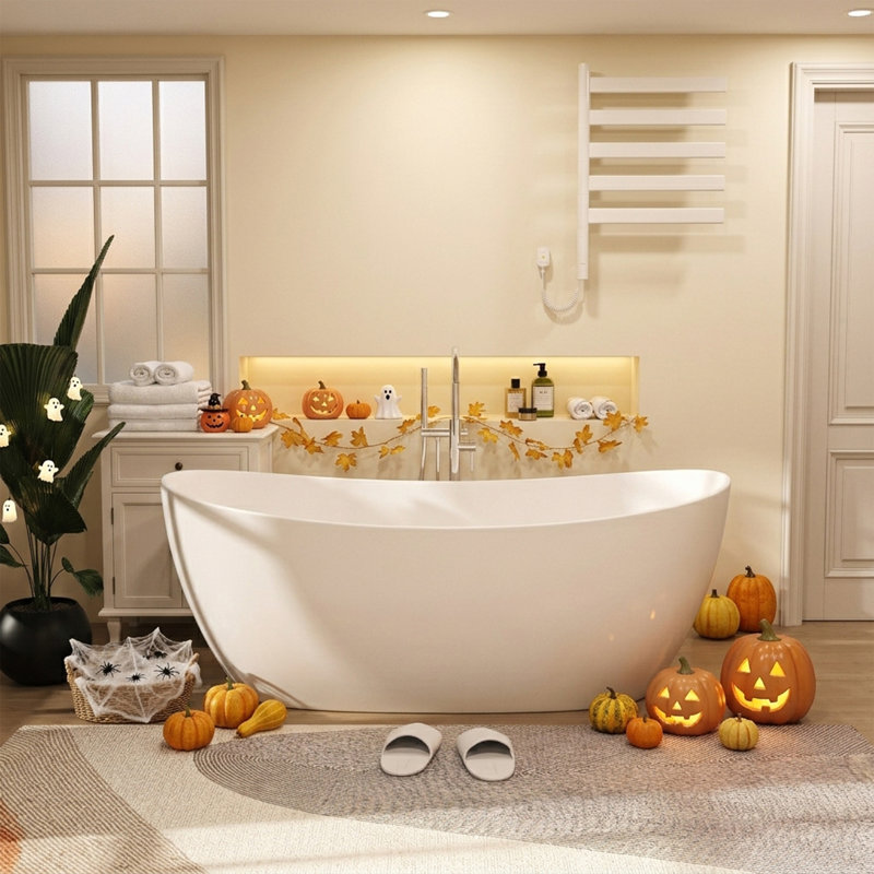 Baignoire autoportante de 63 po à surface solide, baignoire profonde double avec bonde escamotable et trop-plein, certification CUPC, conception luxueuse pour les salles de bain modernes