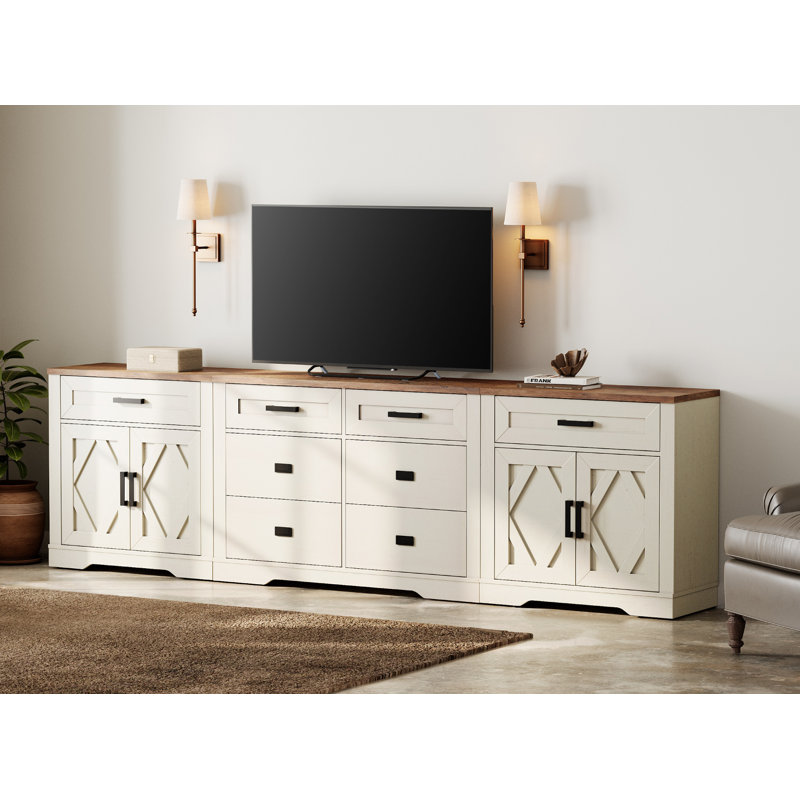 Grande armoire d'appoint de style campagne moderne l 110,2 po Glenford avec portes de grange et tiroirs, écorce d'arbre résistante aux égratignures 