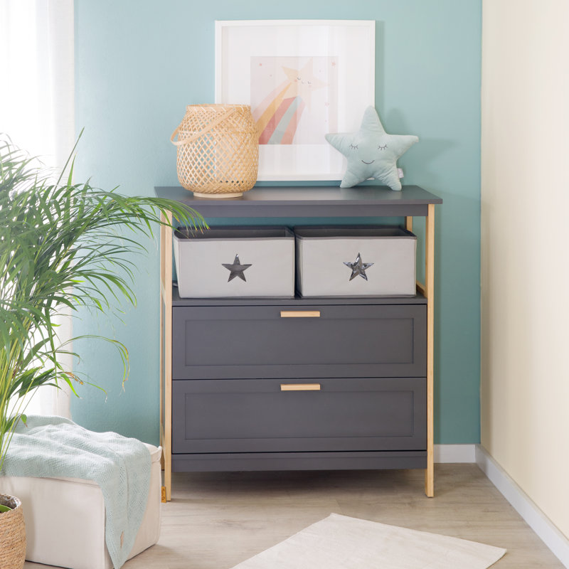 Berlin Unit Including Removable with Drawers and Fabric Boxes, Handles and Frame Made of Bamboo Wood - Anthracite Changing Table