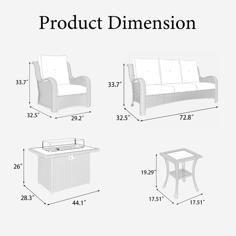  5 Pieces Outdoor Patio Furniture Set With Fire Pit Table, Rattan Wicker Sectional Swivel Rocker Chairs Sets With Swivel Glider Chair And Coffee Table