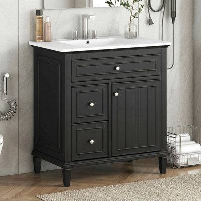 30" Modern Bathroom Vanity With Ceramic Sink, Solid Wood Cabinet, 3-drawer Storage Unit With Flip Tray & Adjustable Shelf, Space-saving Vanity Set For Bathroom
