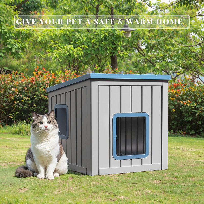 Outdoor Cat House,Insulated Cat Shelter With Roof, Resin, For Cats, Small Animals, Blue