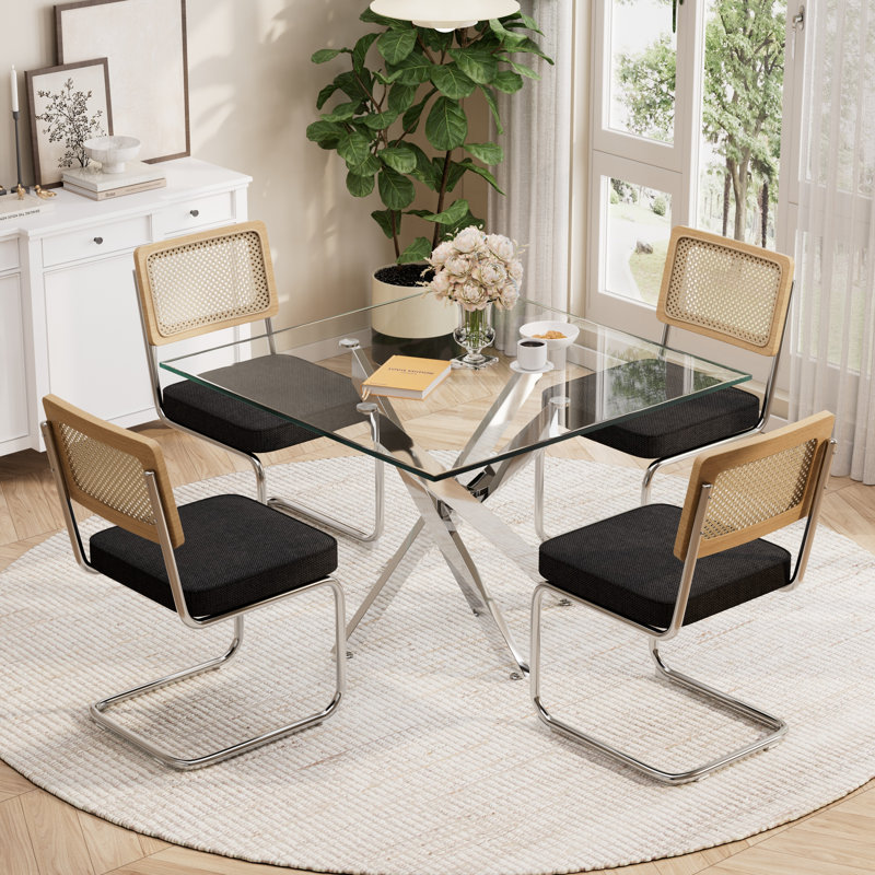 Ensemble de table de salle à manger 36 pouces en verre trempé carré avec chaises rembourrées en lin à dossier en rotin, ensemble de salle à manger de patio moderne pour la cuisine et la salle à manger