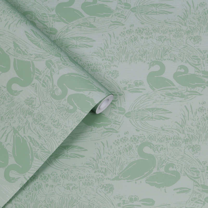 Laura Ashley Swans Dove Grey Wallpaper, Jade  Green