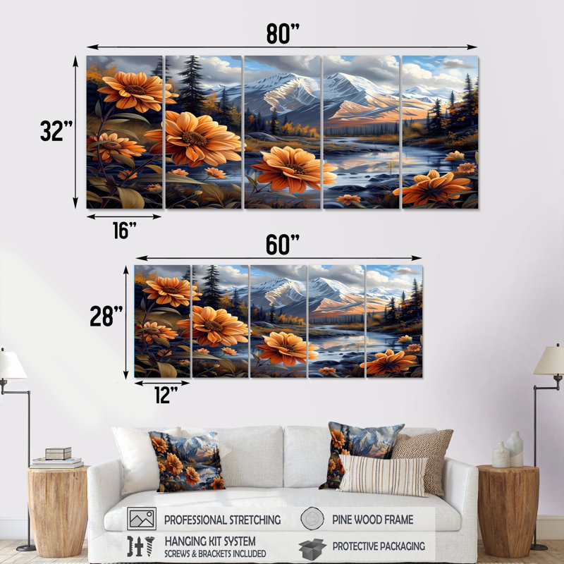 «Alaska Denali National Park Flower Mountain River», ensemble d'art mural Alaska, H 28 po x l 60 po
