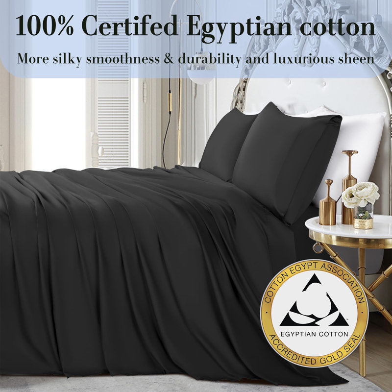1000 Thread Count Egyptian-Quality Cotton Sheet Sets, King Sheet Set with 2 Pillowcases, Black