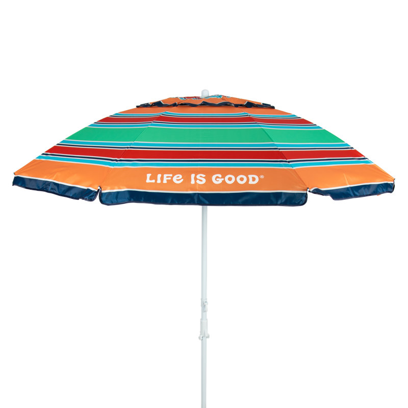 «Life Is Good» Parasol de plage de 7 pi Upf 50+ avec ancre de sable intégrée, bleu